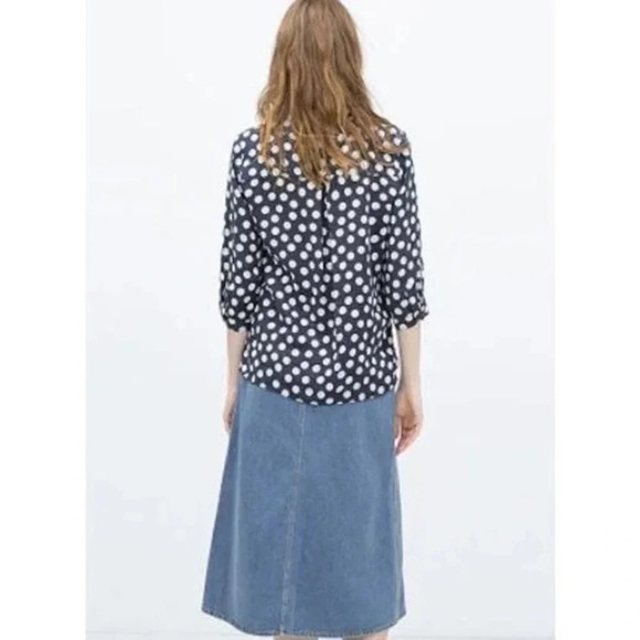 ZARA Blue White Linen Polka  Dot Button Down Long Sleeve Shirt size XS - Picture 4 of 8